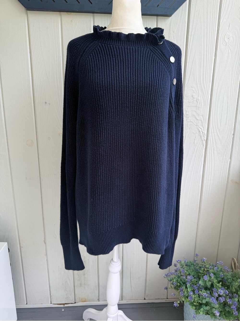 LOFT Navy Ribbed Crew Sweater with Ruffle Neck & Button Detail